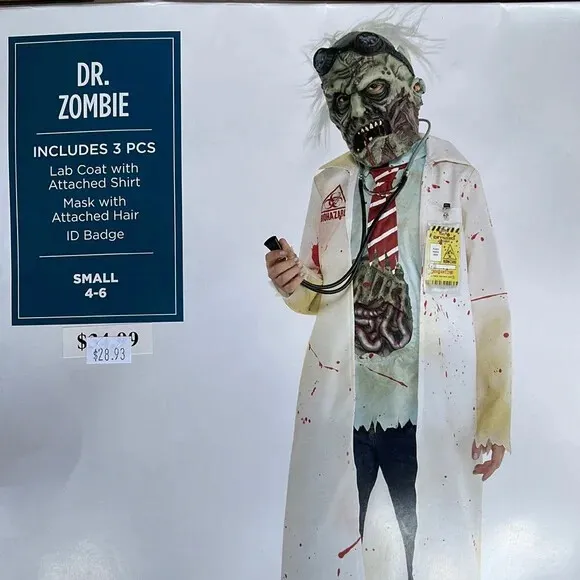 New unisex child's Dr. Zombie 4 pc lab coat W/attached shirt- mask -ID badge