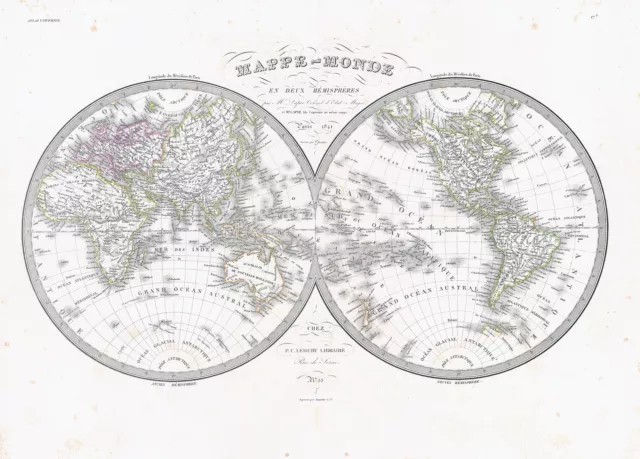 1841 MAPPE MONDE EN DEUX HEMISPHERES World Double Hemisphere Map Lapie (LP25)