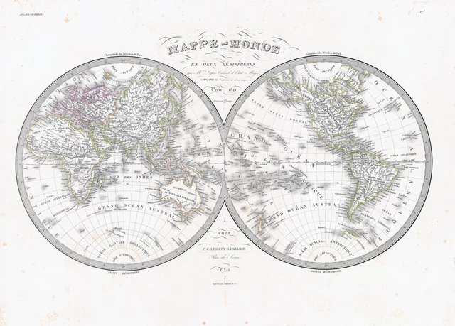 1841 MAPPE MONDE EN DEUX HEMISPHERES World Double Hemisphere Map Lapie (LP25)