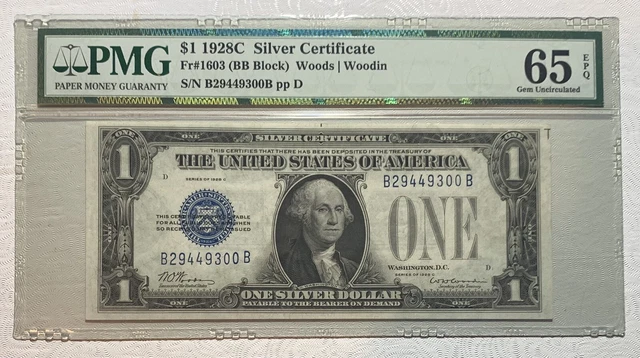 US 1928-C Rare $1 Silver Funnyback Gem Fr. 1603 PMG 65 EPQ BB Block Uncir
