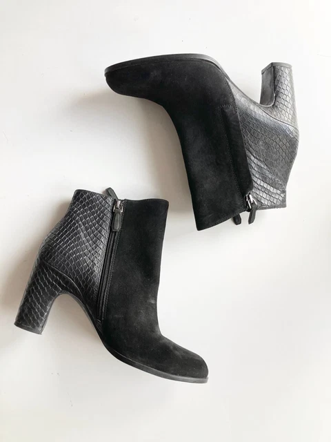 ECCO Black Suede Snake Embossed Leather High Heel Block Ankle Boots, Size 41