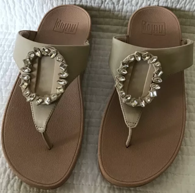 Fitflop Nib Lulu Crystal-Circlet Leather Toe-Post Sandals Stone Beige Size 6