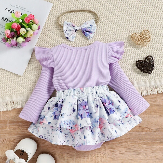 2PCS Newborn Baby Girls Floral Ribbed Romper Dress Headband Set Outfit Clothes 7