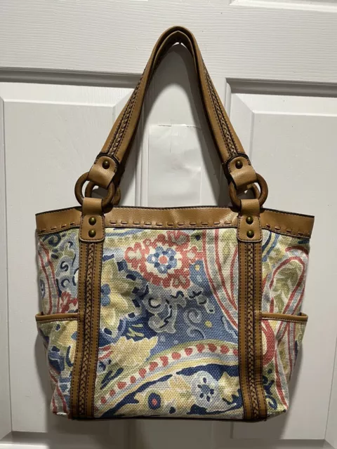 Fossil 1954 Canvas Shoulder Bag Tote Floral Watercolor Canvas Braided Leather