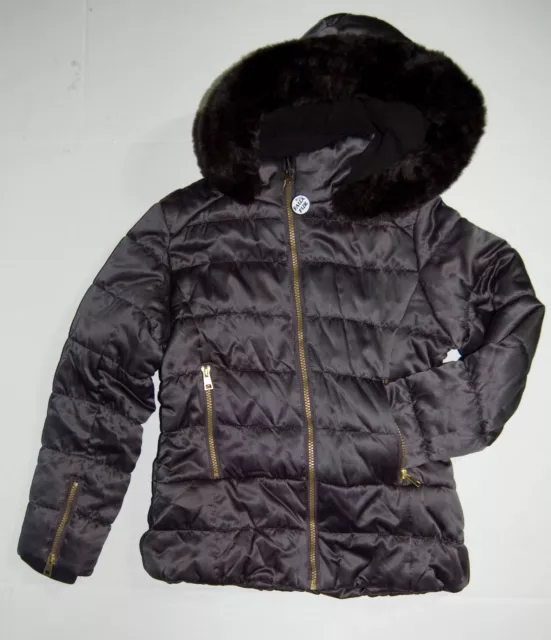 Girls Jacket Rothschild Matte Puffer Faux Fur Hooded Pewter Black Size M NWT