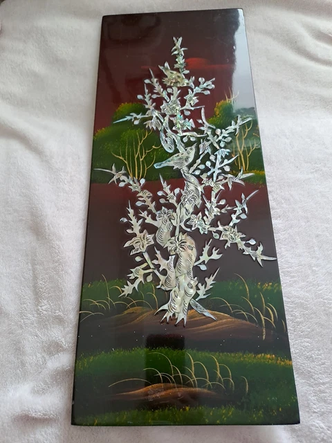 Panneau Mural En Bois Laqué Incrusté De Nacre - Décor D'oiseaux Vintage