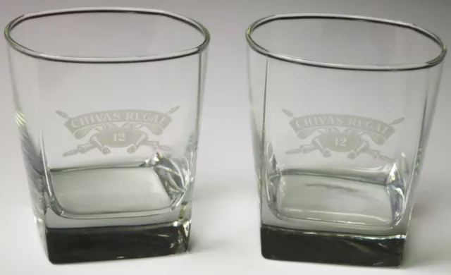 CHIVAS REGAL Etched Square Bottom Scotch Whisky Sipping Glasses PAIR 12 Year Old