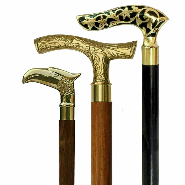 Ensemble de 3 boutons de poignée en laiton antique vintage, canne en bois,...