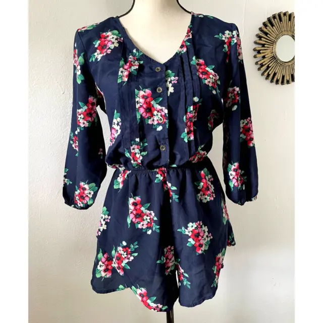 Mimi Chica Navy Floral V Neck Romper Women Size Small Shorts Bohemian NWOT