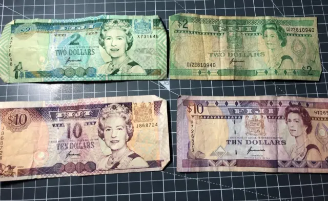 FIJI 10 & 2 OLD DOLLARS BANKNOTE QUEEN ELIZABETH II  & 50 cents x3