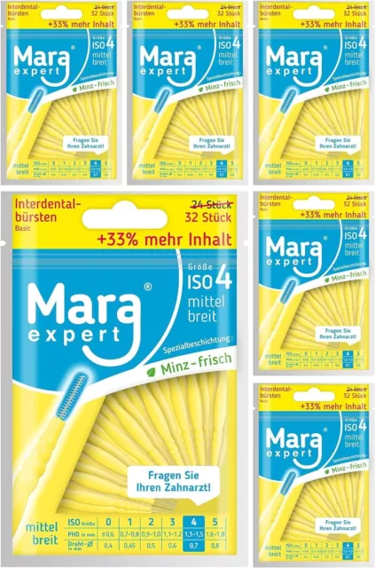 6 x 32 MARA EXPERT Interdental Brushes 0.7 mm ISO 4 Medium Wide Yellow Interdent