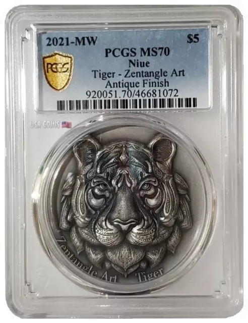 2021 2 Oz Silver $5 Niue Zentangle Art TIGER PCGS MS70 Gold Shield Coin.