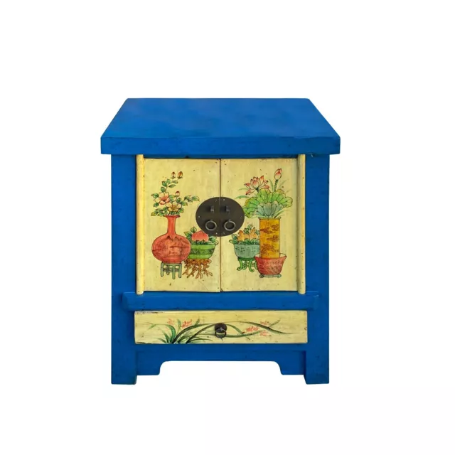 Chinese Rustic Bright Blue Yellow Graphic End Table Nightstand cs7421 2