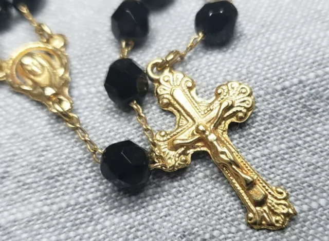 Vintage Rosary gold tone Crucifix black beads Christian G72