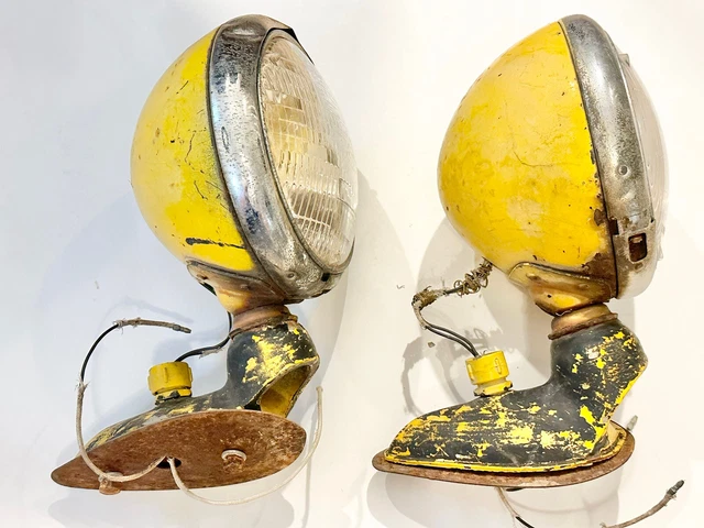 Vintage Pair Of Antique Rat Rod Guide Headlamps Old Yellow Truck