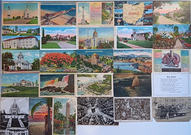25 Antique Vtg 1940s Postcards Greeting, Canada, RPPC Paris, 10 US States Lot 82