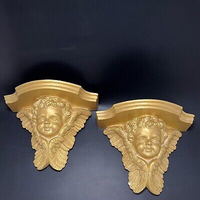 Cherub Wall Sconce Pair Gold Gilt Putti Angel Corbel Shelf Ornate Rococo  Vtg