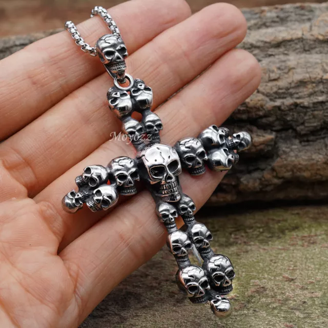 Cool Mens Boys Stainless Steel Biker Punk Skull Cross Bullet Pendant Necklace