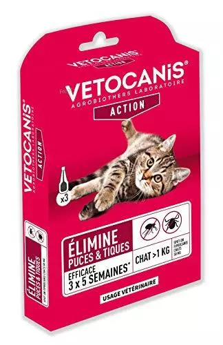 VETOCANIS Spot on Pipettes Anti-puces et Anti-tiques Chat 3 pipettes = Protec...