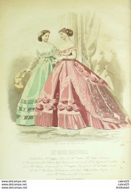 Gravure Les Modes parisiennes 1865 n°1189 Robes organdi tulle garnies brodées