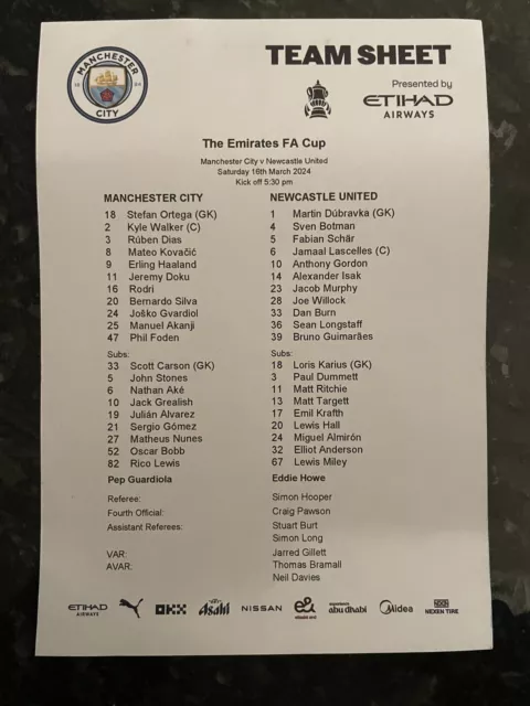 Manchester City V Newcastle United 16.03.24 Fa Cup ** Official Teamsheet **