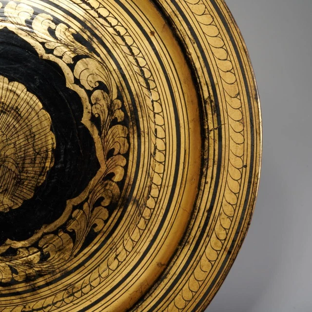 Burmese Antique Lacquerware Black Gold Wood Plates 19thC Peacock Myanmar Ran Yun 5
