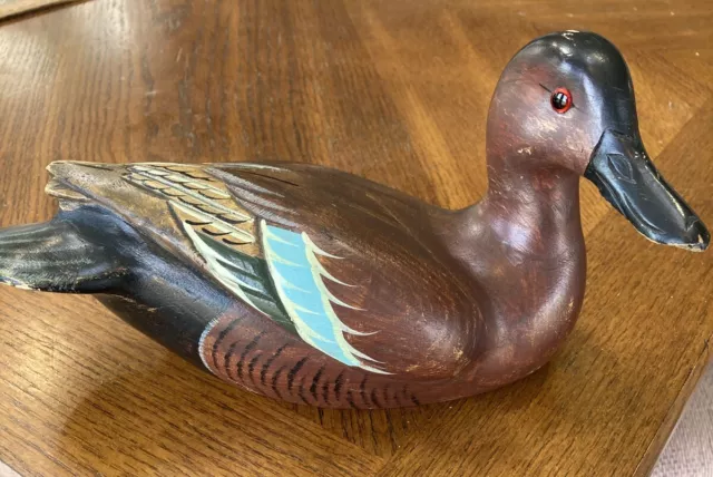 Ducks Unlimited Cinnamon Teal Wooden Carved Duck Series 10” Long Decoy Glass Eye