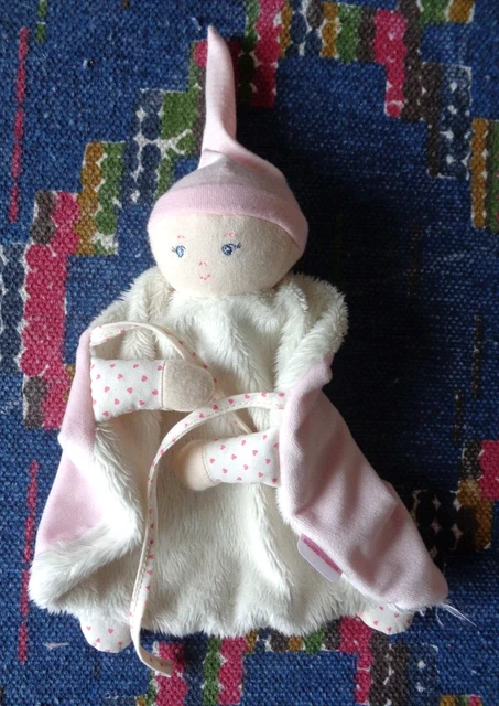 Rp/ Doudou Plat Corolle Poupee Lutin Blanc Rose Coeur Quasi Neuf