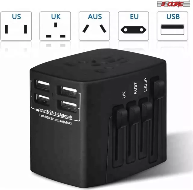 5 Core Charger Universal Travel Adapter Multi Outlet Port & 4 USB Power 2.1 Amp