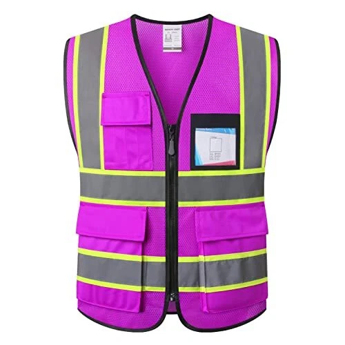 High Visibility Reflection Purple Mesh Safety Vests with 8 Pockets and Front