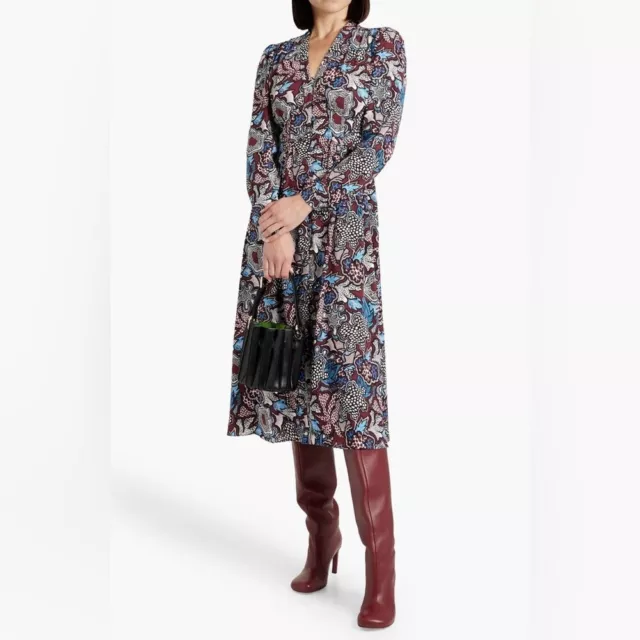 DIANE VON FURSTENBERG Erica Shirred Printed Crepe Long Sleeve Midi Dress 12