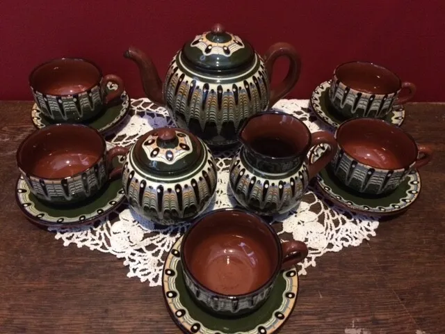 Bulgarian TROYAN Redware Pottery Peacock Eye TEA SET ** Folk Art **