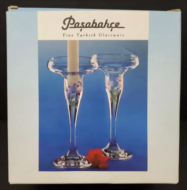 Vintage Pasabahce Fine Turkish Blown Glass Candlestick Holder Pair w/Box