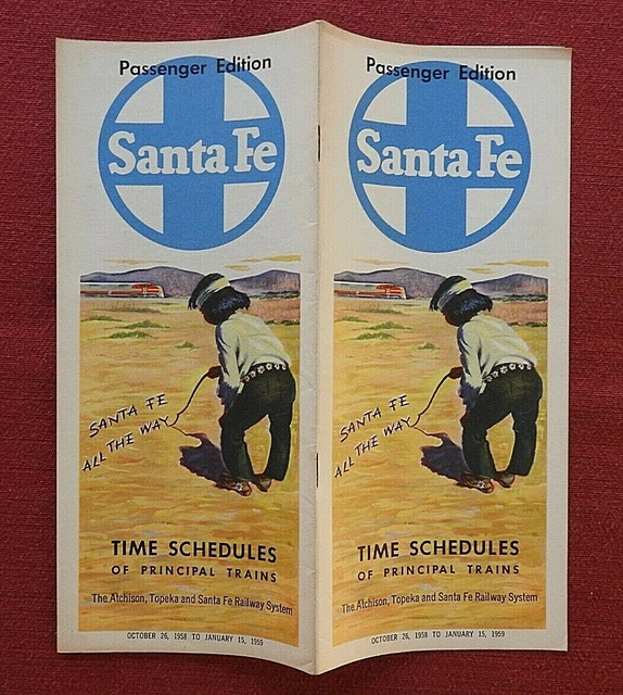 1958 Presso & Sf Atchison Topeka Santa Fe Railroad Time Schedule Train Brochure