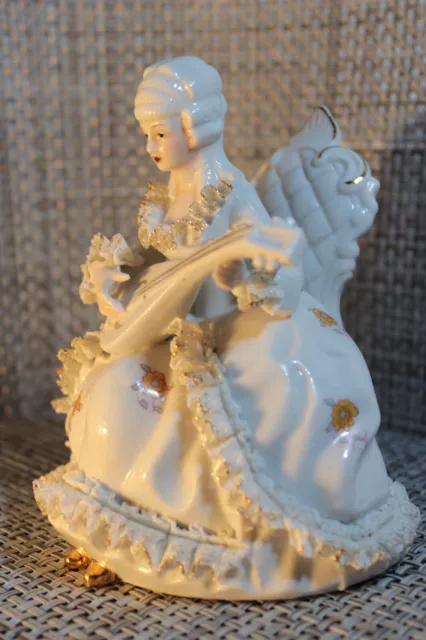 Woman with Banjo German Antique Victorian Porcelain Ceramic Dresden Figurine