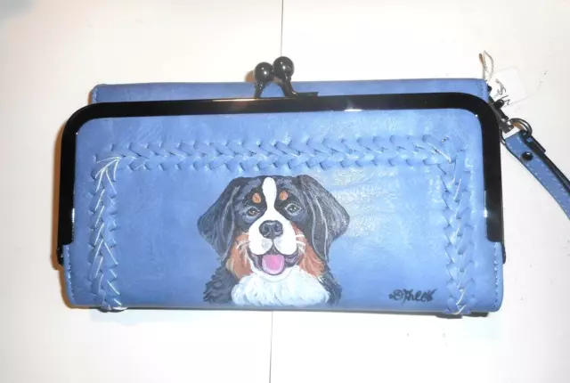 Bernese Mountain Dog Wallet for Women Vegan Leather Hand Painted Blue Wristlet