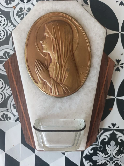 Ancien bénitier en laiton et verre médaillon du Christ signé Escudero