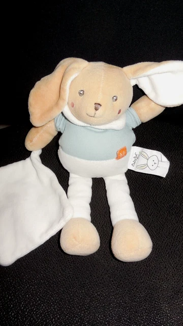 doudou peluche lapin bleu blanc + mouchoir  BABY NAT' Bio 27cm