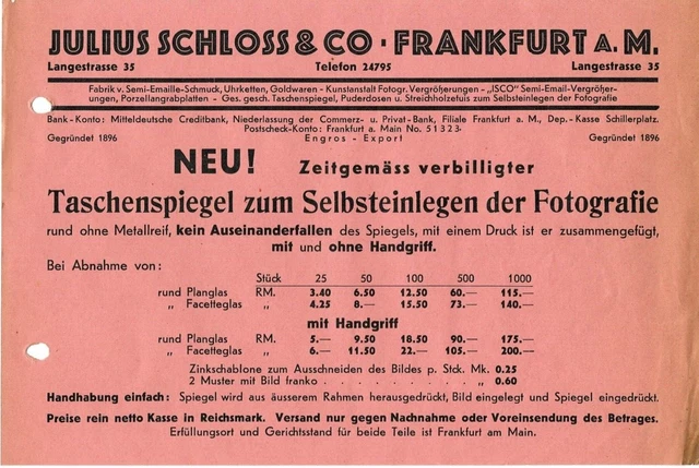 FRANKFURT A.M. WERBUNG Julius Schloss & Co. Fotografie ca. Deutsches