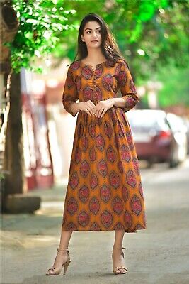 Brown Floral Pure Cotton Kurti Indian Women's Clothing S Size Handmade Kurtis UK