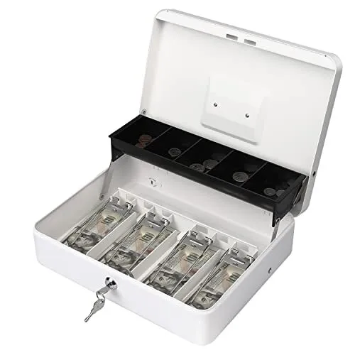 Sgorlds Cash Box Key Lock on Side 11.8L x 9.5W x 3.5H Inches White Cash Box w...