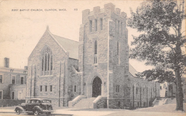 Clinton MA 1930s Automobile @ Stone-Construction First Baptist Church~B&W