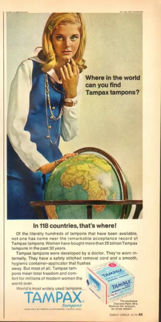 1970 Vintage ad for TAMPAX retro Girl Blue Dress Globe tampons 05/10/22