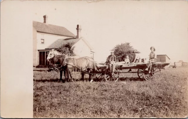 HORSES Pulling a Large WAGON on the Farm Real Photo Postcard