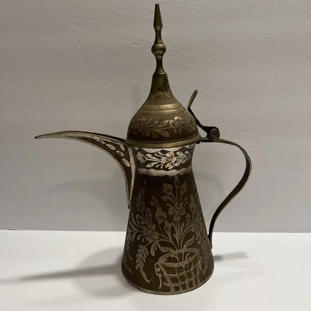 Vintage Brass Islamic Arabic Dallah Turkish Tea Pot Etched signed FE & SONS RARE