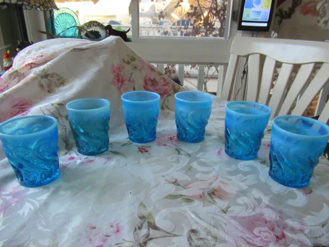 Set Of 6 Antique C 1904 Dugan Blue Opalescent S Repeat 3 3/4 " Tumblers Glasses