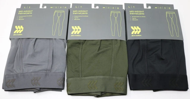 All in Motion Men's Mid-Weight Size Large Thermal Pants Lot of 3 Green Grey Blk