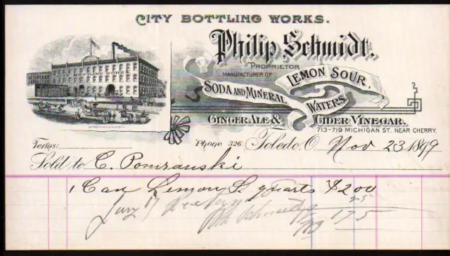 1899 Toledo Ohio - Philip Schmidt  Soda Mineral Water Bottling Works Letter Head