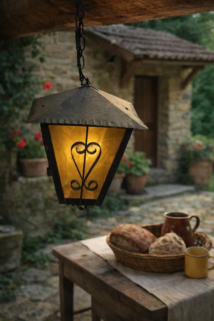 Lanterne Ancienne En Fer Forgé D'extérieur à 4 Pans Forme Trapèze - Bon état