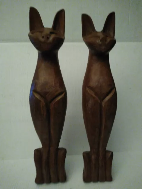 Rare Matching Set of Two MCM Hand Carved Cat Sculptures in Teak Wood 20in Large 3